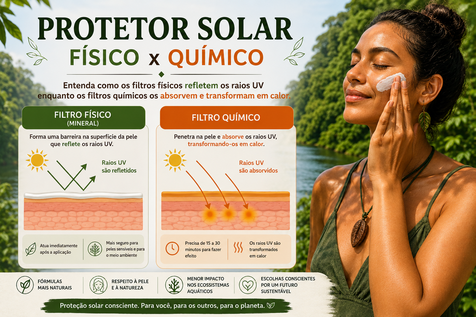Protetor solar físico x químico: entenda a diferença e escolha um protetor solar natural que cuida da pele e do planeta