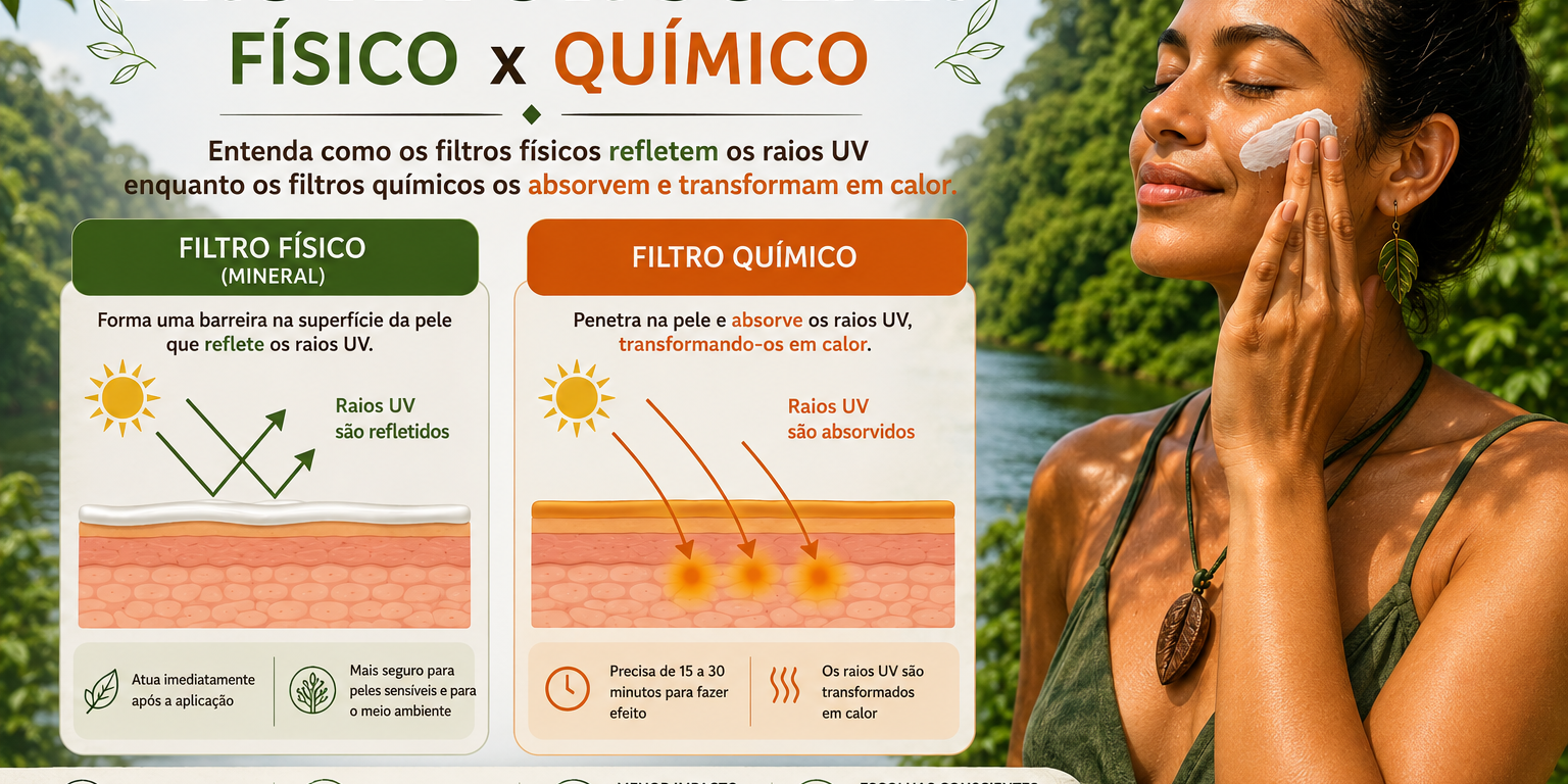 Protetor solar físico x químico: entenda a diferença e escolha um protetor solar natural que cuida da pele e do planeta